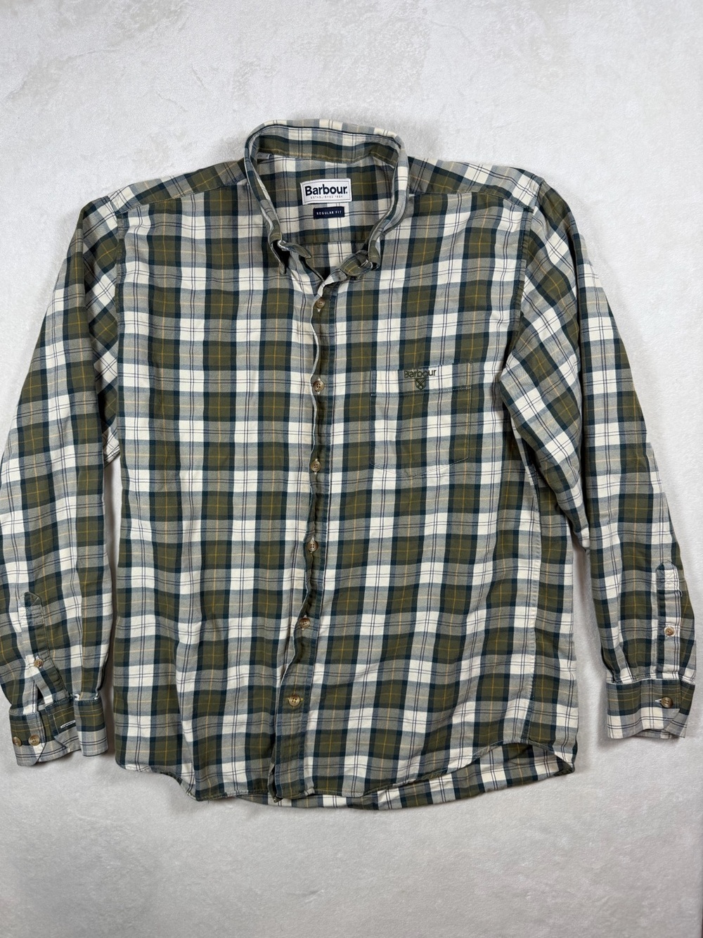 Barbour Size Medium Olive, White & Navy Plaid Button-Down Shirt Barbour Logo